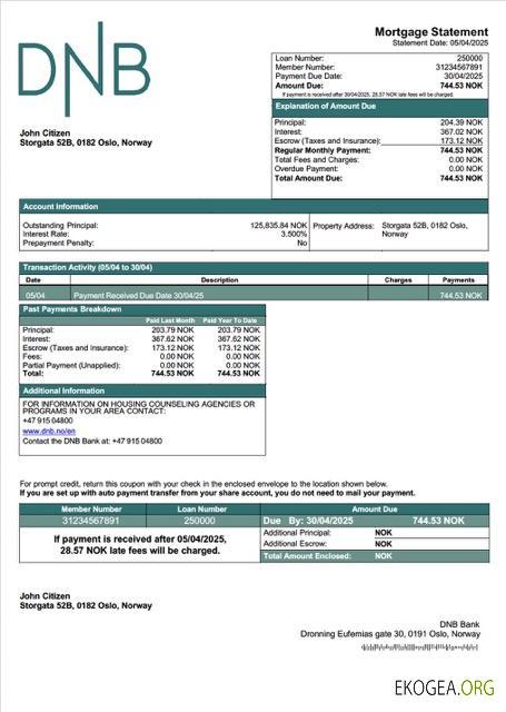 Modèle Word et PDF de relevé hypothécaire de la Banque DNB de Norvège